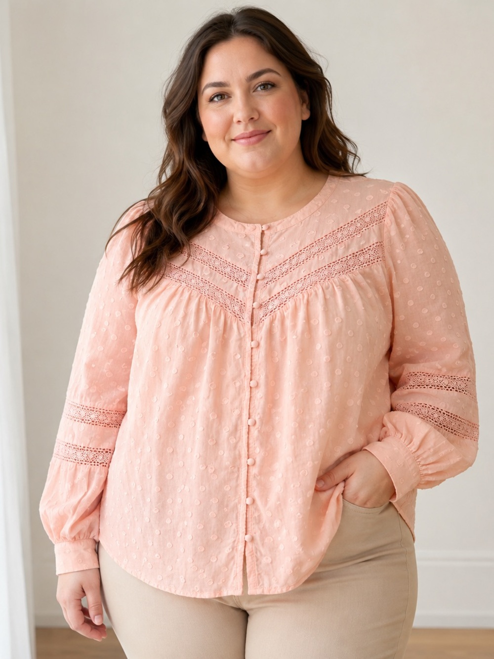Torrid 1 Blush Pink Swiss Dot Lace Trim Button Front Cotton Blouse
